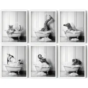 ALAYRA Funny Bathroom Decor Wall Art Cute Black and White Animals in Bathtub Rustic Farmhouse Home Wall Decor Giraffe Penguin Elephant Pictures Prints for Living Room Kids Bathroom, (6PCS, 8"x10", Unf