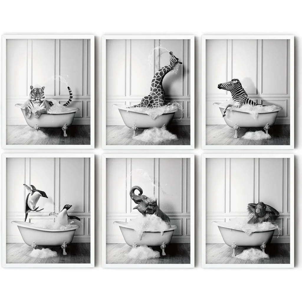 ALAYRA Funny Bathroom Decor Wall Art Cute Black and White Animals in Bathtub Rustic Farmhouse Home Wall Decor Giraffe Penguin Elephant Pictures Prints for Living Room Kids Bathroom, (6PCS, 8"x10", Unf