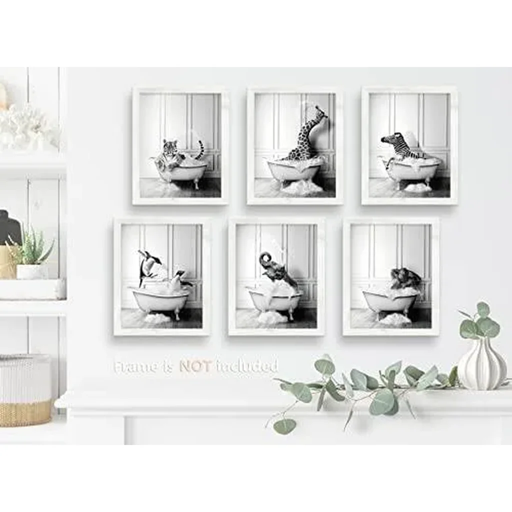 ALAYRA Funny Bathroom Decor Wall Art Cute Black and White Animals in Bathtub Rustic Farmhouse Home Wall Decor Giraffe Penguin Elephant Pictures Prints for Living Room Kids Bathroom, (6PCS, 8"x10", Unf - Image 2