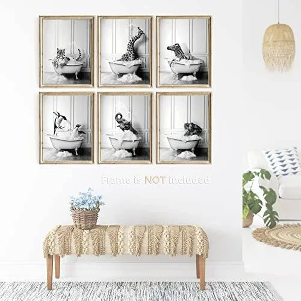 ALAYRA Funny Bathroom Decor Wall Art Cute Black and White Animals in Bathtub Rustic Farmhouse Home Wall Decor Giraffe Penguin Elephant Pictures Prints for Living Room Kids Bathroom, (6PCS, 8"x10", Unf - Image 3