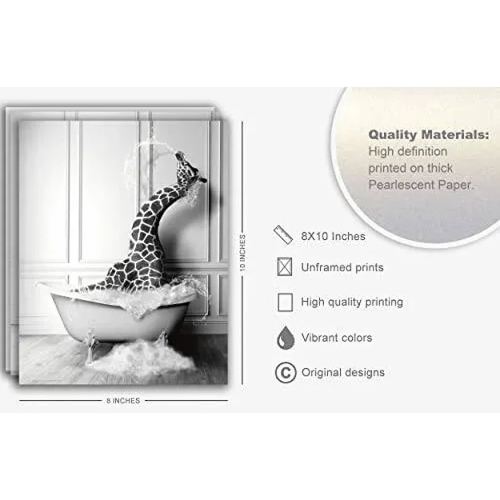 ALAYRA Funny Bathroom Decor Wall Art Cute Black and White Animals in Bathtub Rustic Farmhouse Home Wall Decor Giraffe Penguin Elephant Pictures Prints for Living Room Kids Bathroom, (6PCS, 8"x10", Unf - Image 4