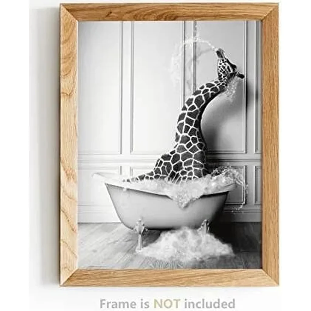 ALAYRA Funny Bathroom Decor Wall Art Cute Black and White Animals in Bathtub Rustic Farmhouse Home Wall Decor Giraffe Penguin Elephant Pictures Prints for Living Room Kids Bathroom, (6PCS, 8"x10", Unf - Image 5
