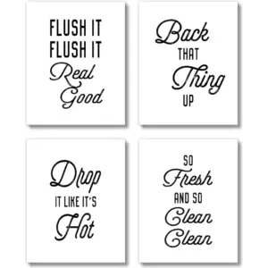 ALAYRA Funny Bathroom Decor Wall Art Prints - (UNFRAMED 8 x 10 Set of 4) Restroom Powder Room Wash Laundry Room Hip Hop Wall Decor Signs Posters - Flush It, So Fresh (Hip Hop Bathroom - White) 01