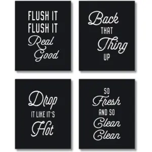 ALAYRA Funny Bathroom Decor Wall Art Prints (UNFRAMED 8 x 10 Set of 4) Restroom Powder Room Wash Laundry Room Hip Hop Wall Decor Signs Posters - Flush It, So Fresh (Hip Hop Bathroom - Black) 01