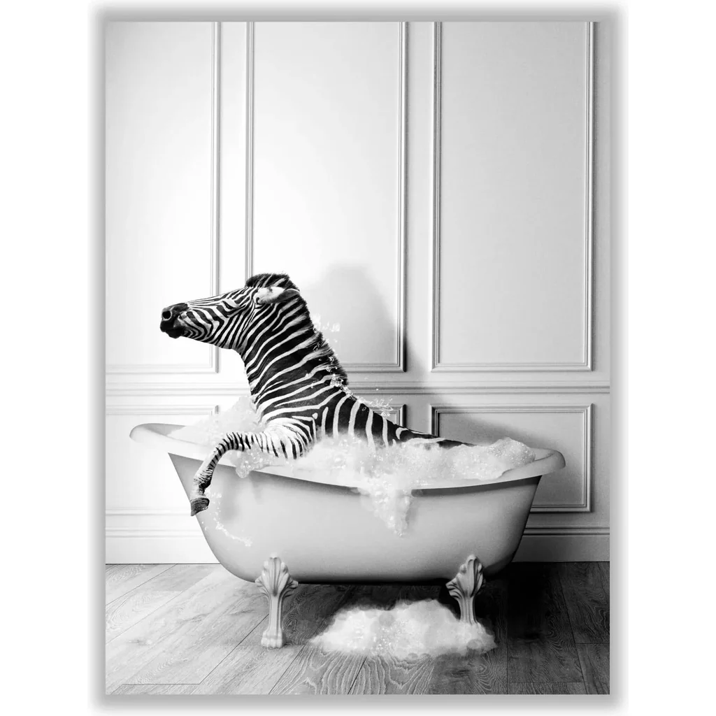 ALAYRA Funny Bathroom Decor Zebra Animal Bathtub PosterUnframed (12 x 16 Inch) Bathroom Wall Decor, Black and White Bathroom Decor, Zebra Print Poster Photos Picture Pics Wall Art Funny Bathroom Moder