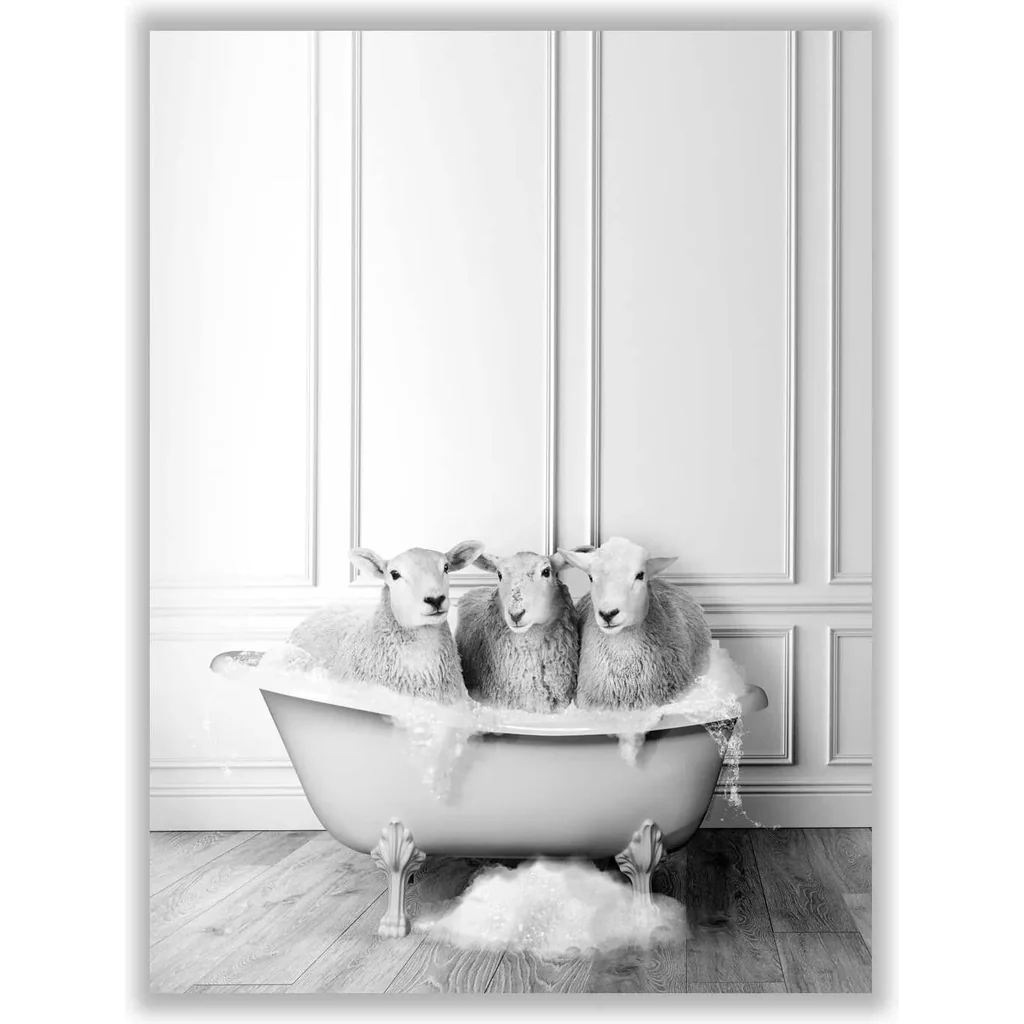 ALAYRA Funny Bathroom Farmhouse Decor Sheep Poster UNFRAMED (12 x 16 Inch) Bathroom Wall Decor, Black and White Bathroom Decor, Farmhouse Wall Decor, Kids Bathroom Decor, Sheep Pictures Funny Bathroom
