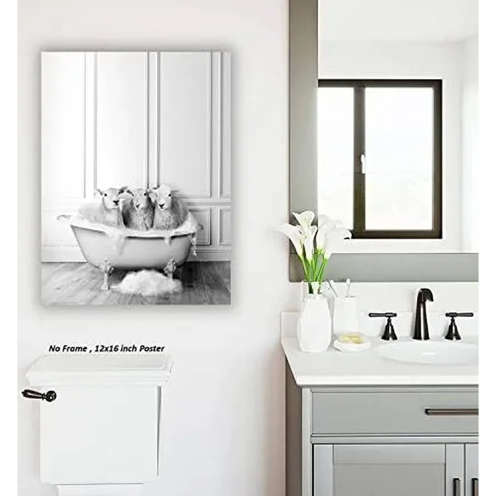 ALAYRA Funny Bathroom Farmhouse Decor Sheep Poster UNFRAMED (12 x 16 Inch) Bathroom Wall Decor, Black and White Bathroom Decor, Farmhouse Wall Decor, Kids Bathroom Decor, Sheep Pictures Funny Bathroom - Image 2