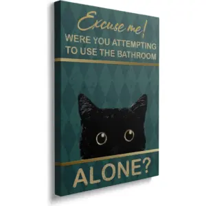ALAYRA Funny Bathroom Signs Canvas Wall Art - Vintage Cat Gifts For Cat Lovers - Framed Cute Cat House Bathroom Decor Print Rustic Animal Picture For Bathroom Home Office Ready To Hang (16x24 Inches)