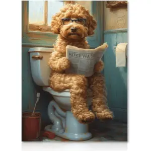 ALAYRA Funny Bathroom Wall Art Poster Dog Reading Newspaper on Toilet, Vintage Dog Wall Art Prints for Toilet Bathroom Decor 12x16 in Unframed 01