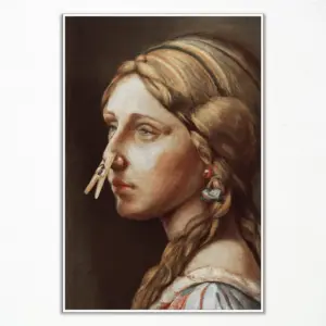 ALAYRA Funny Bathroom Wall Art, Vintage Funny Bathroom Poster Classical Girl with Clothespin, Humor Amusing Toilet Art Pinching Nose Funny Wall Decor 12x16in Unframed 01