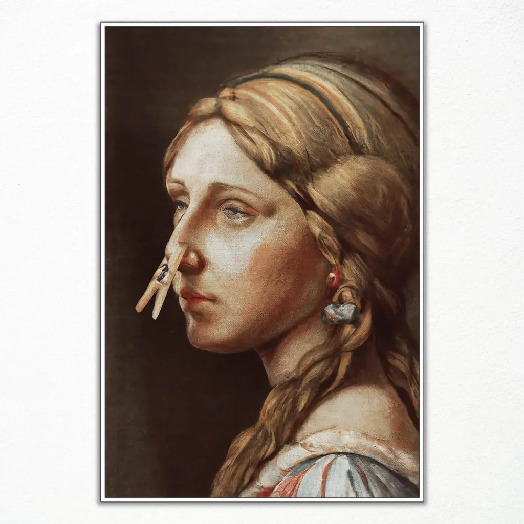 ALAYRA Funny Bathroom Wall Art, Vintage Funny Bathroom Poster Classical Girl with Clothespin, Humor Amusing Toilet Art Pinching Nose Funny Wall Decor 12x16in Unframed 01
