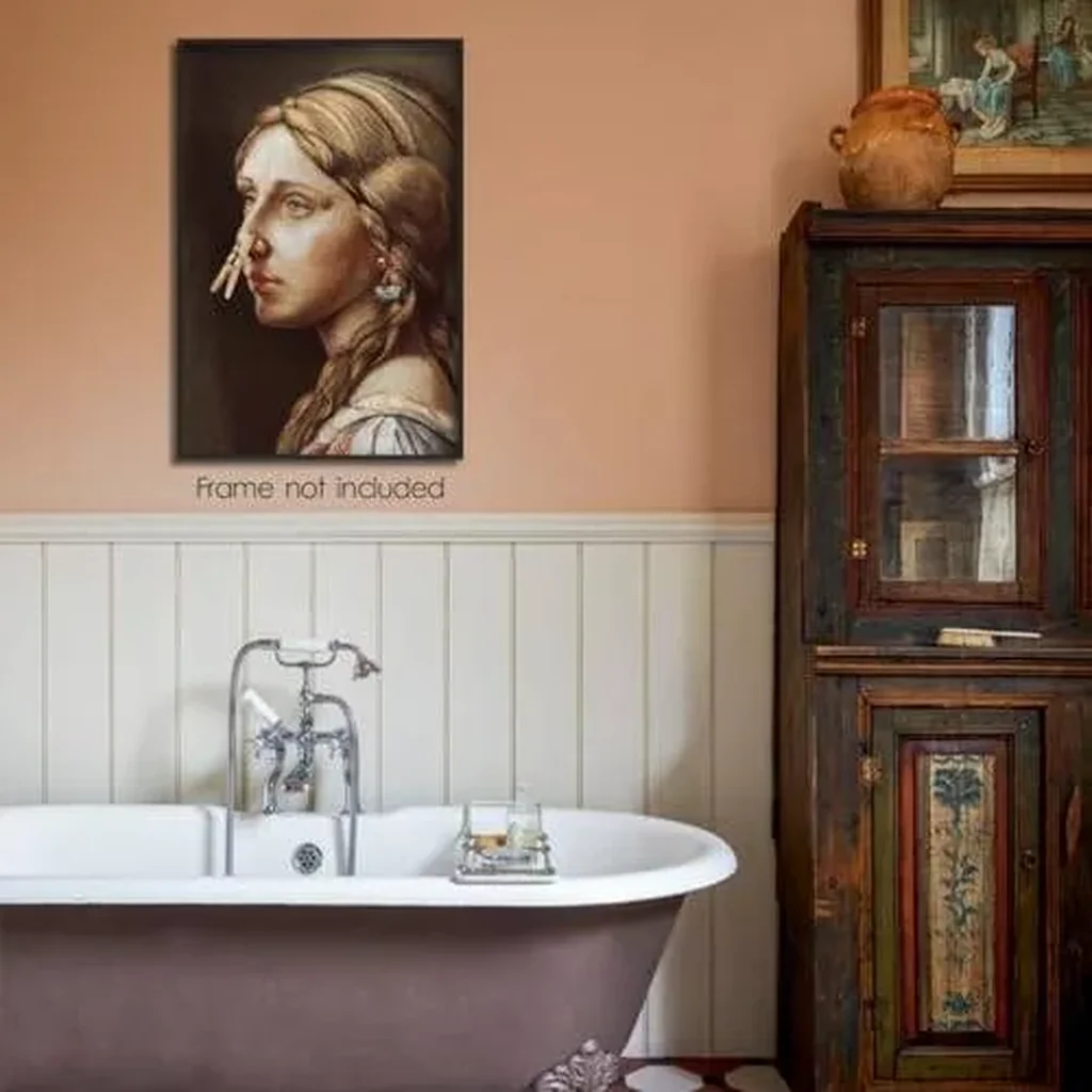 ALAYRA Funny Bathroom Wall Art, Vintage Funny Bathroom Poster Classical Girl with Clothespin, Humor Amusing Toilet Art Pinching Nose Funny Wall Decor 12x16in Unframed 01 - Image 3