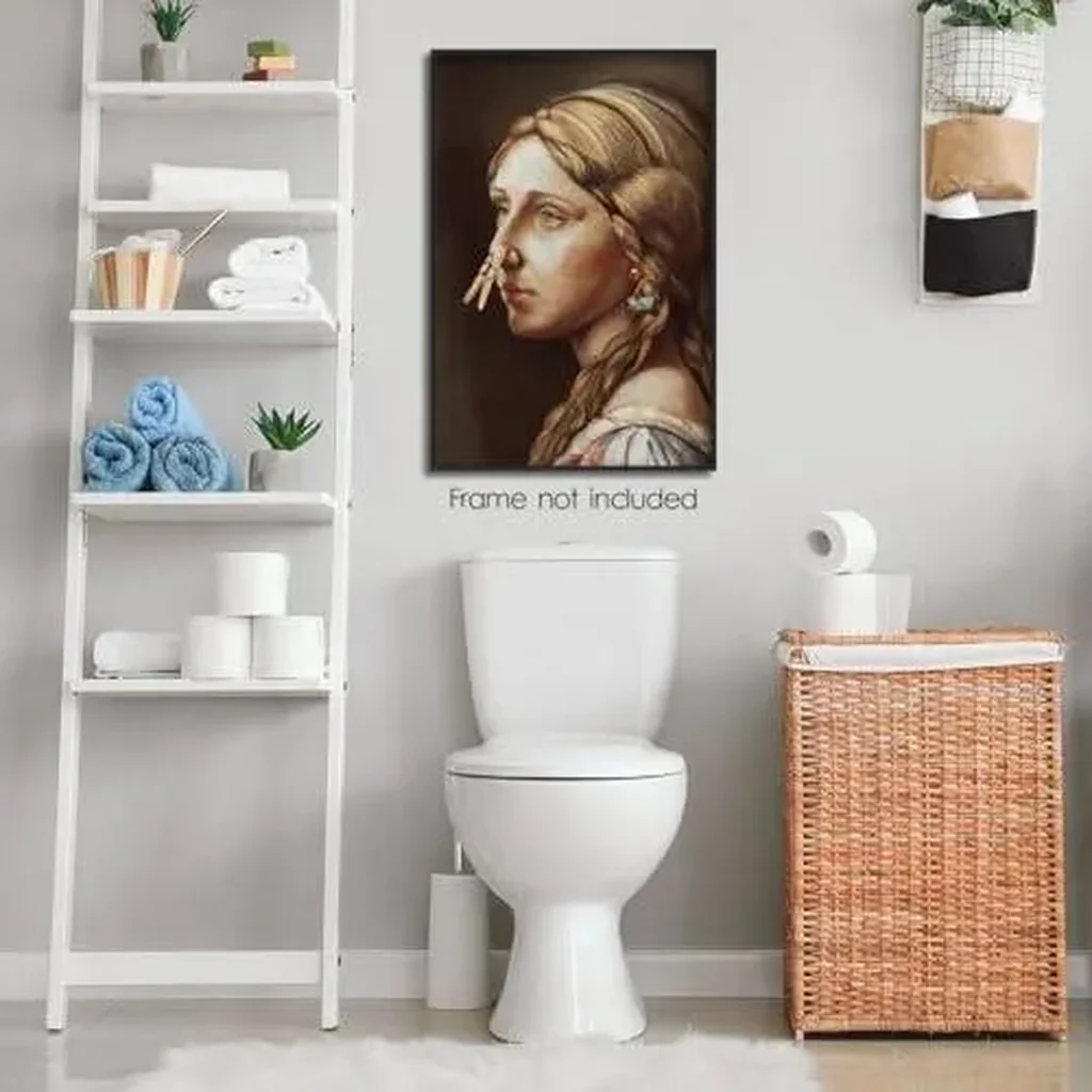 ALAYRA Funny Bathroom Wall Art, Vintage Funny Bathroom Poster Classical Girl with Clothespin, Humor Amusing Toilet Art Pinching Nose Funny Wall Decor 12x16in Unframed 01 - Image 4
