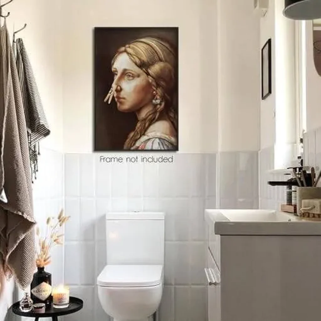 ALAYRA Funny Bathroom Wall Art, Vintage Funny Bathroom Poster Classical Girl with Clothespin, Humor Amusing Toilet Art Pinching Nose Funny Wall Decor 12x16in Unframed 01 - Image 6