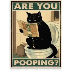 ALAYRA Funny Black Cat Bathroom Wall Art Are You Pooping Cat Sign Vintage Cat Sitting on the Toilet Reading Newspaper Poster for Bathroom 12x16 in Unframed 01