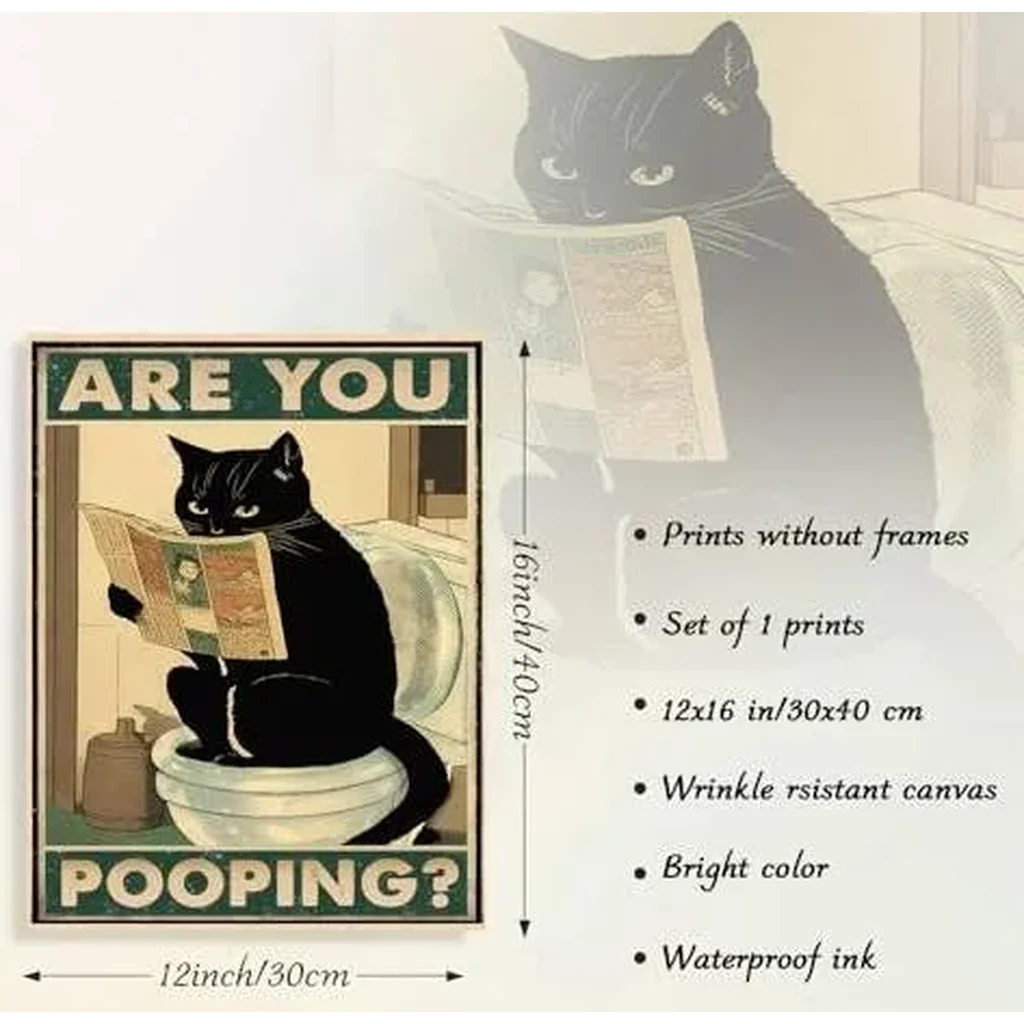ALAYRA Funny Black Cat Bathroom Wall Art Are You Pooping Cat Sign Vintage Cat Sitting on the Toilet Reading Newspaper Poster for Bathroom 12x16 in Unframed 01 - Image 2