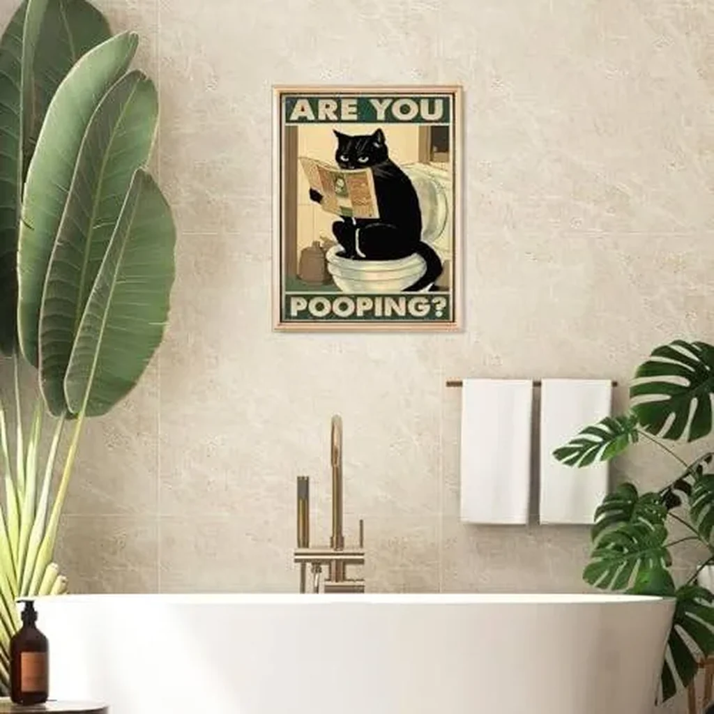 ALAYRA Funny Black Cat Bathroom Wall Art Are You Pooping Cat Sign Vintage Cat Sitting on the Toilet Reading Newspaper Poster for Bathroom 12x16 in Unframed 01 - Image 3