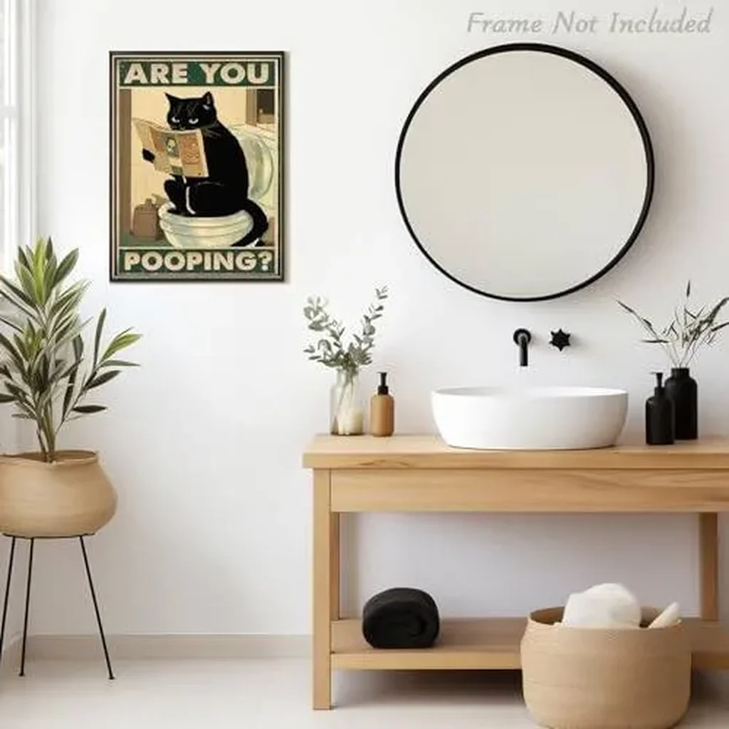ALAYRA Funny Black Cat Bathroom Wall Art Are You Pooping Cat Sign Vintage Cat Sitting on the Toilet Reading Newspaper Poster for Bathroom 12x16 in Unframed 01 - Image 4
