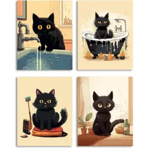 ALAYRA Funny Black Cat Wall Art Bathroom Decor, Cute Animal Kitty Canvas Posters for Living Room Bedroom Decoration, Black Cat Art Prints, Fun Bathroom Wall Decor, Set of 4(8 x 10 in ) Unframed 01