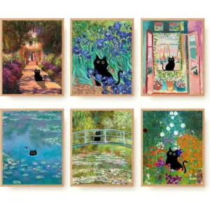 ALAYRA Funny Black Cat Wall Art Prints Set of 6 Canvas Artwork Cat Lover Posters Gift Cute Room Aesthetic Vintage Floral Matisse Monet Van Gogh for Living Room Bathroom Bedroom Decor (11"x14" UNFRAMED