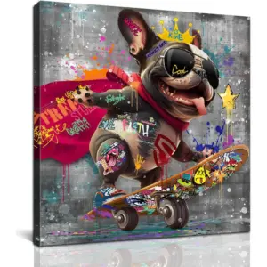 ALAYRA Funny Canvas Wall Art Funky Dog Play Skateboard Graffiti Picture Cool Wall Decor Ready to Hang for Bedroom Kids Room Size 14W x 14H 01