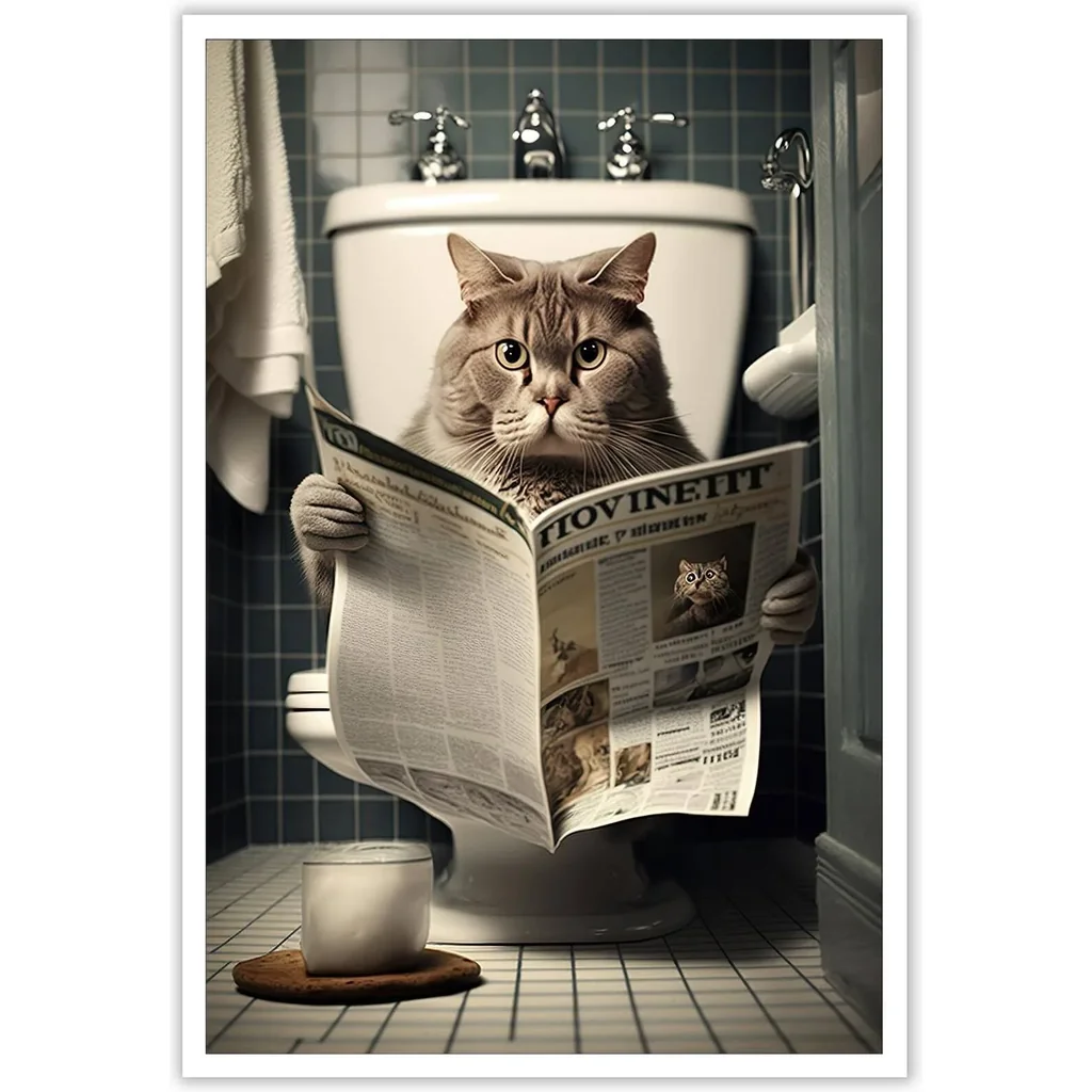 ALAYRA Funny Cat Bathroom Canvas Wall Art Cute Cat In Toilet Posters Black and White Animal Prints Painting Maximalist Mid Century Modern Aesthetic Wall Decor for 12x16in Unframed 01