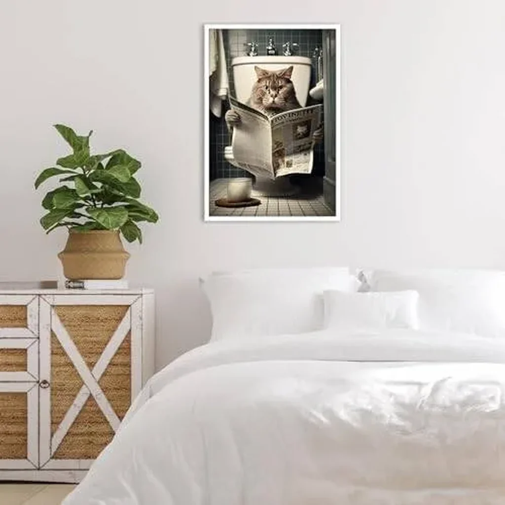 ALAYRA Funny Cat Bathroom Canvas Wall Art Cute Cat In Toilet Posters Black and White Animal Prints Painting Maximalist Mid Century Modern Aesthetic Wall Decor for 12x16in Unframed 01 - Image 2