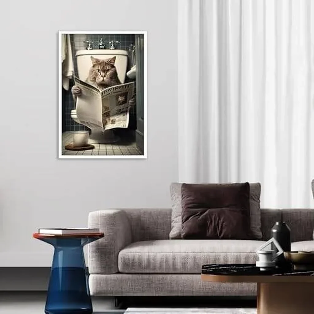 ALAYRA Funny Cat Bathroom Canvas Wall Art Cute Cat In Toilet Posters Black and White Animal Prints Painting Maximalist Mid Century Modern Aesthetic Wall Decor for 12x16in Unframed 01 - Image 3