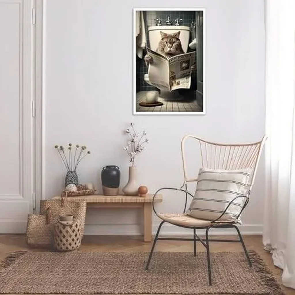 ALAYRA Funny Cat Bathroom Canvas Wall Art Cute Cat In Toilet Posters Black and White Animal Prints Painting Maximalist Mid Century Modern Aesthetic Wall Decor for 12x16in Unframed 01 - Image 6