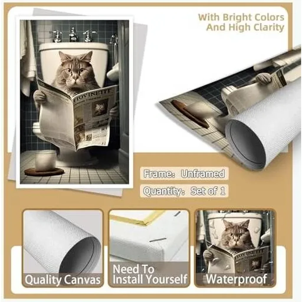 ALAYRA Funny Cat Bathroom Canvas Wall Art Cute Cat In Toilet Posters Black and White Animal Prints Painting Maximalist Mid Century Modern Aesthetic Wall Decor for 12x16in Unframed 01 - Image 7