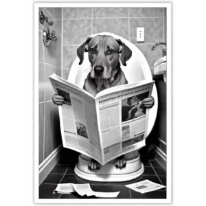 ALAYRA Funny Dog Bathroom Canvas Wall Art Cute Dog In Toilet Posters Black and White Animal Prints Painting Maximalist Mid Century Modern Aesthetic Wall Decor for 12x16in Unframed 01