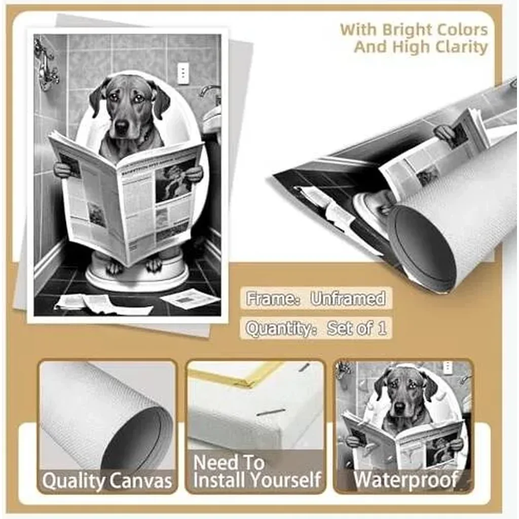ALAYRA Funny Dog Bathroom Canvas Wall Art Cute Dog In Toilet Posters Black and White Animal Prints Painting Maximalist Mid Century Modern Aesthetic Wall Decor for 12x16in Unframed 01 - Image 6