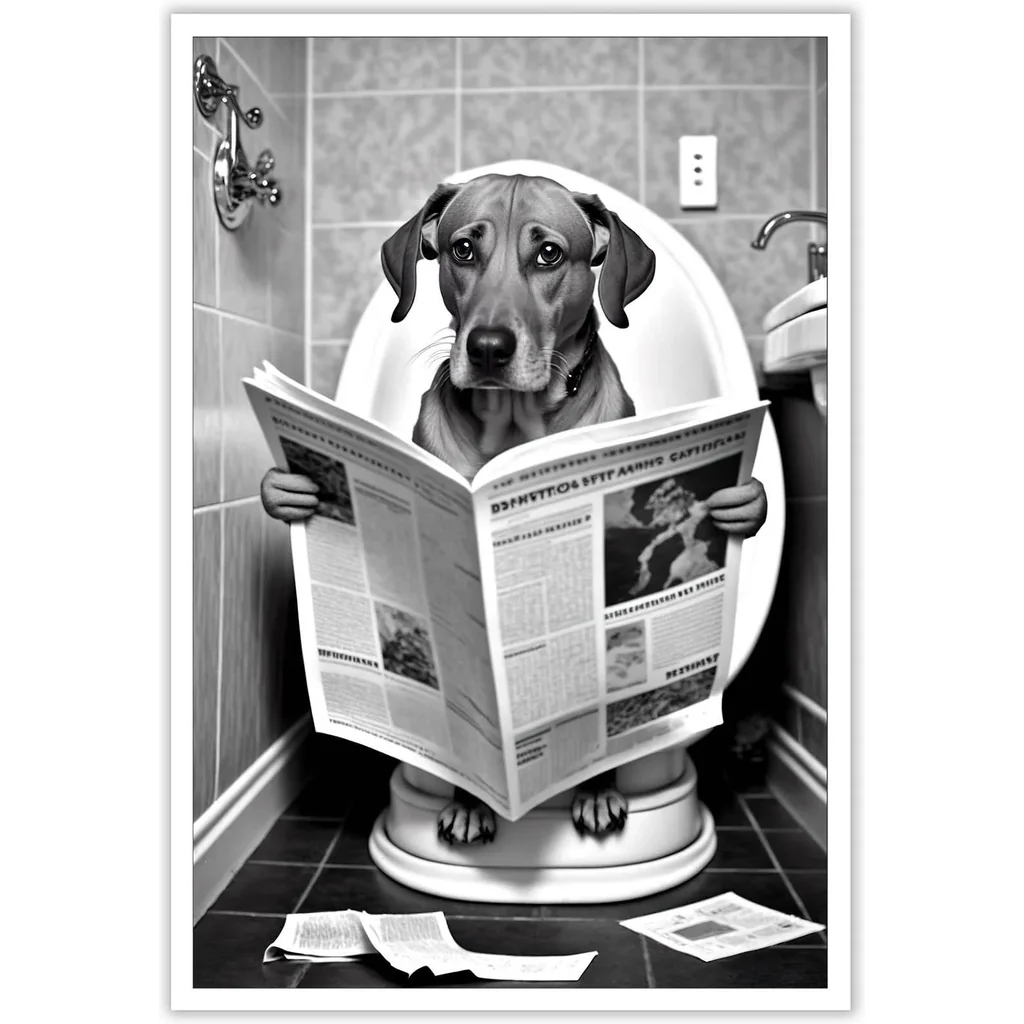 ALAYRA Funny Dog Bathroom Canvas Wall Art Cute Dog In Toilet Posters Black and White Animal Prints Painting Maximalist Mid Century Modern Aesthetic Wall Decor for 16x24in Unframed 01