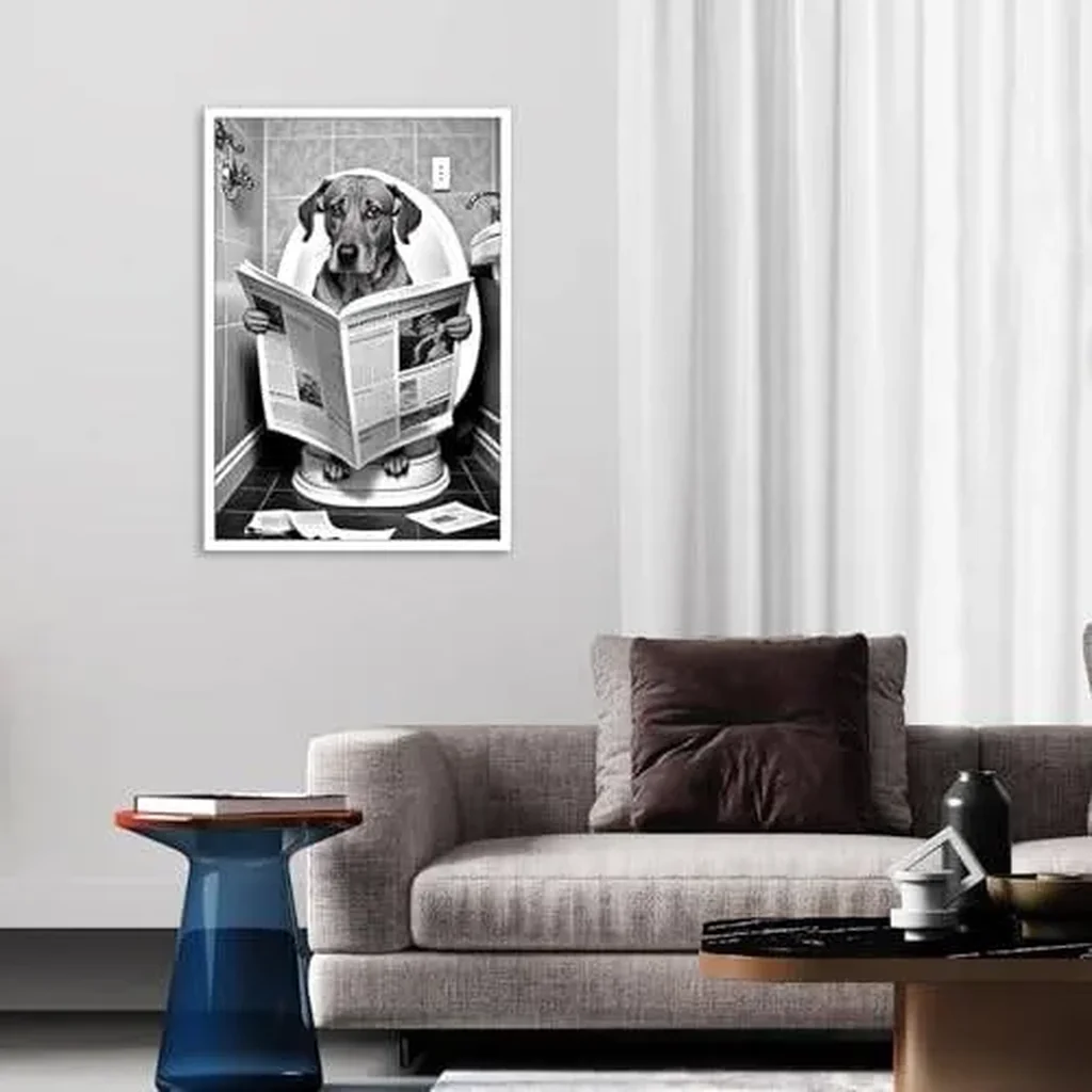 ALAYRA Funny Dog Bathroom Canvas Wall Art Cute Dog In Toilet Posters Black and White Animal Prints Painting Maximalist Mid Century Modern Aesthetic Wall Decor for 16x24in Unframed 01 - Image 2