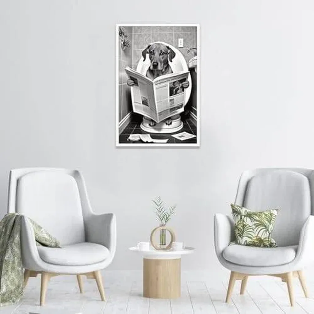 ALAYRA Funny Dog Bathroom Canvas Wall Art Cute Dog In Toilet Posters Black and White Animal Prints Painting Maximalist Mid Century Modern Aesthetic Wall Decor for 16x24in Unframed 01 - Image 3