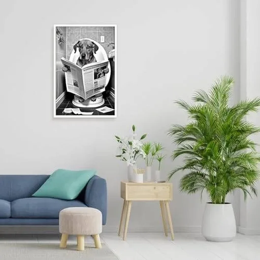 ALAYRA Funny Dog Bathroom Canvas Wall Art Cute Dog In Toilet Posters Black and White Animal Prints Painting Maximalist Mid Century Modern Aesthetic Wall Decor for 16x24in Unframed 01 - Image 4