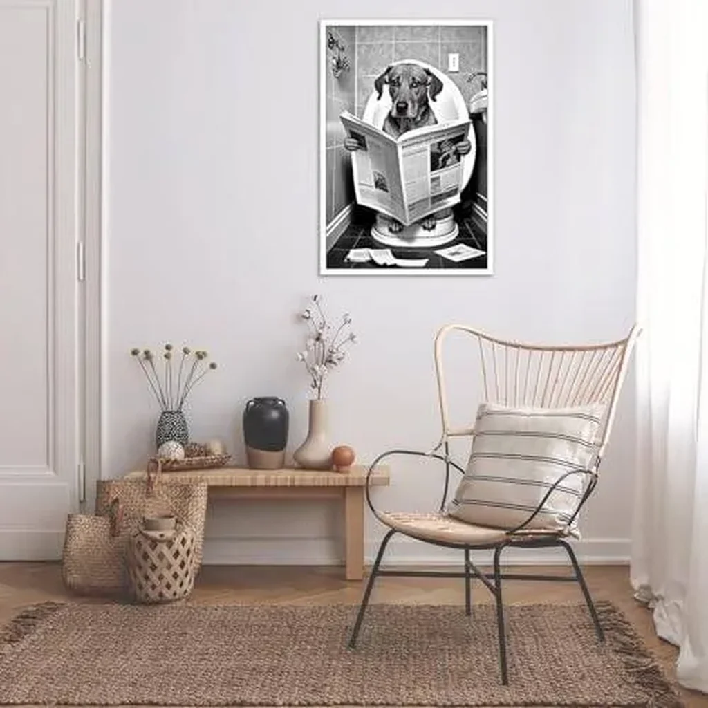 ALAYRA Funny Dog Bathroom Canvas Wall Art Cute Dog In Toilet Posters Black and White Animal Prints Painting Maximalist Mid Century Modern Aesthetic Wall Decor for 16x24in Unframed 01 - Image 5