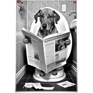 ALAYRA Funny dog Bathroom Canvas Wall Art, dog Reading Newspapers on Toilet Pictures Poster Prints, Black and White animal Maximalist Mid Century Modern Aesthetic wall decor 16x24in Unframed 01