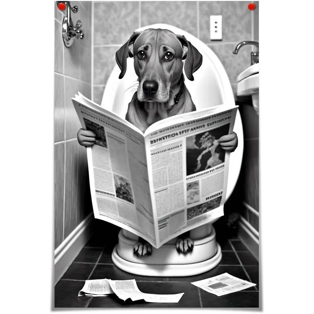 ALAYRA Funny dog Bathroom Canvas Wall Art, dog Reading Newspapers on Toilet Pictures Poster Prints, Black and White animal Maximalist Mid Century Modern Aesthetic wall decor 16x24in Unframed 01