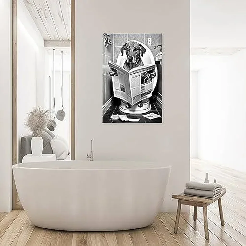 ALAYRA Funny dog Bathroom Canvas Wall Art, dog Reading Newspapers on Toilet Pictures Poster Prints, Black and White animal Maximalist Mid Century Modern Aesthetic wall decor 16x24in Unframed 01 - Image 2