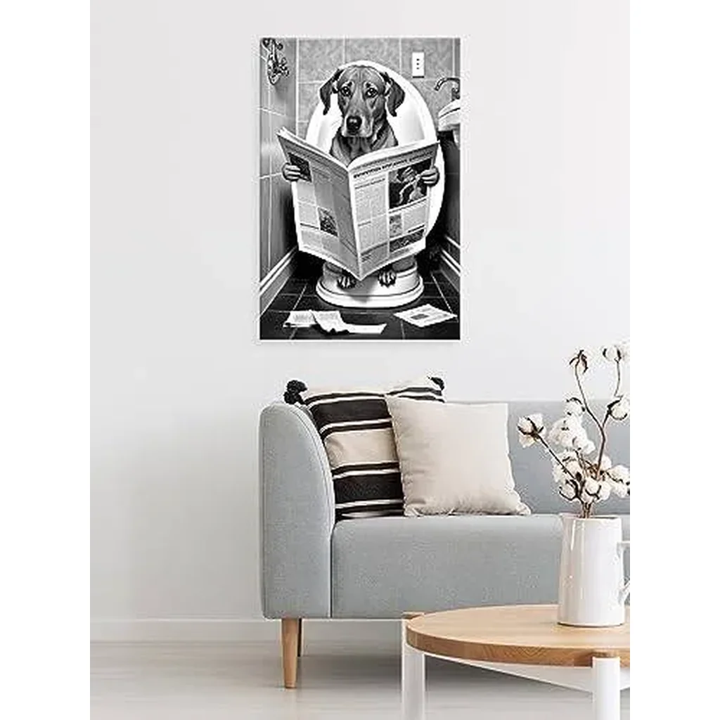 ALAYRA Funny dog Bathroom Canvas Wall Art, dog Reading Newspapers on Toilet Pictures Poster Prints, Black and White animal Maximalist Mid Century Modern Aesthetic wall decor 16x24in Unframed 01 - Image 3