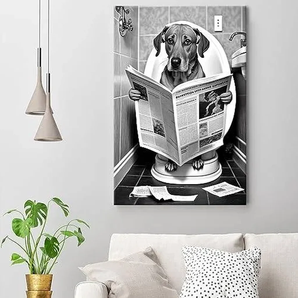 ALAYRA Funny dog Bathroom Canvas Wall Art, dog Reading Newspapers on Toilet Pictures Poster Prints, Black and White animal Maximalist Mid Century Modern Aesthetic wall decor 16x24in Unframed 01 - Image 4
