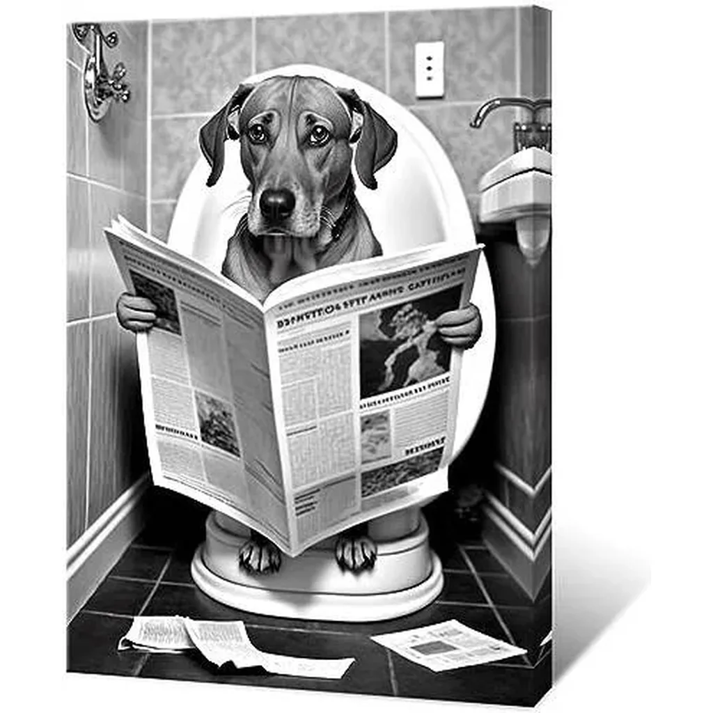 ALAYRA Funny dog Bathroom Canvas Wall Art, dog Reading Newspapers on Toilet Pictures Poster Prints, Black and White animal Maximalist Mid Century Modern Aesthetic wall decor 16x24in Unframed 01 - Image 5