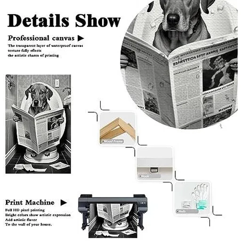 ALAYRA Funny dog Bathroom Canvas Wall Art, dog Reading Newspapers on Toilet Pictures Poster Prints, Black and White animal Maximalist Mid Century Modern Aesthetic wall decor 16x24in Unframed 01 - Image 6