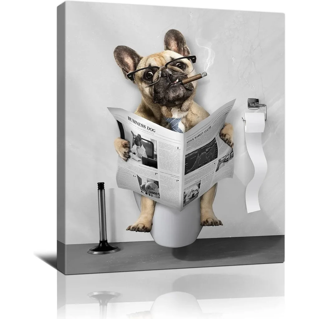 ALAYRA Funny Dog Bathroom Wall Art Black and White Dog Toilet Picture Canvas Bulldog Bathroom Decor Modern Painting Home Wall Decor For Bathroom Framed Wall Art Ready To Hang 16x20 Inch 01