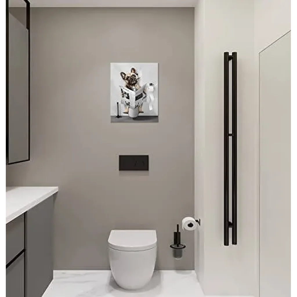 ALAYRA Funny Dog Bathroom Wall Art Black and White Dog Toilet Picture Canvas Bulldog Bathroom Decor Modern Painting Home Wall Decor For Bathroom Framed Wall Art Ready To Hang 16x20 Inch 01 - Image 3