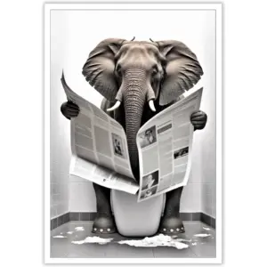 ALAYRA Funny Elephant Bathroom Canvas Wall Art Cute Elephant In Toilet Posters Black and White Animal Prints Painting Maximalist Mid Century Modern Aesthetic Wall Decor for 12x16in Unframed 01
