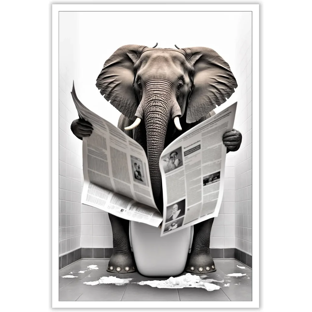 ALAYRA Funny Elephant Bathroom Canvas Wall Art Cute Elephant In Toilet Posters Black and White Animal Prints Painting Maximalist Mid Century Modern Aesthetic Wall Decor for 16x24in Unframed 01