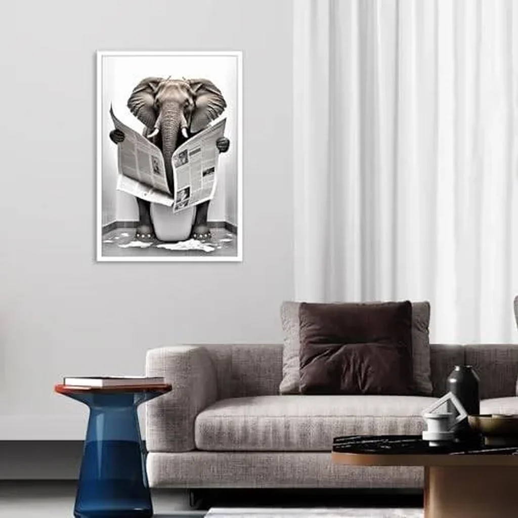 ALAYRA Funny Elephant Bathroom Canvas Wall Art Cute Elephant In Toilet Posters Black and White Animal Prints Painting Maximalist Mid Century Modern Aesthetic Wall Decor for 16x24in Unframed 01 - Image 2