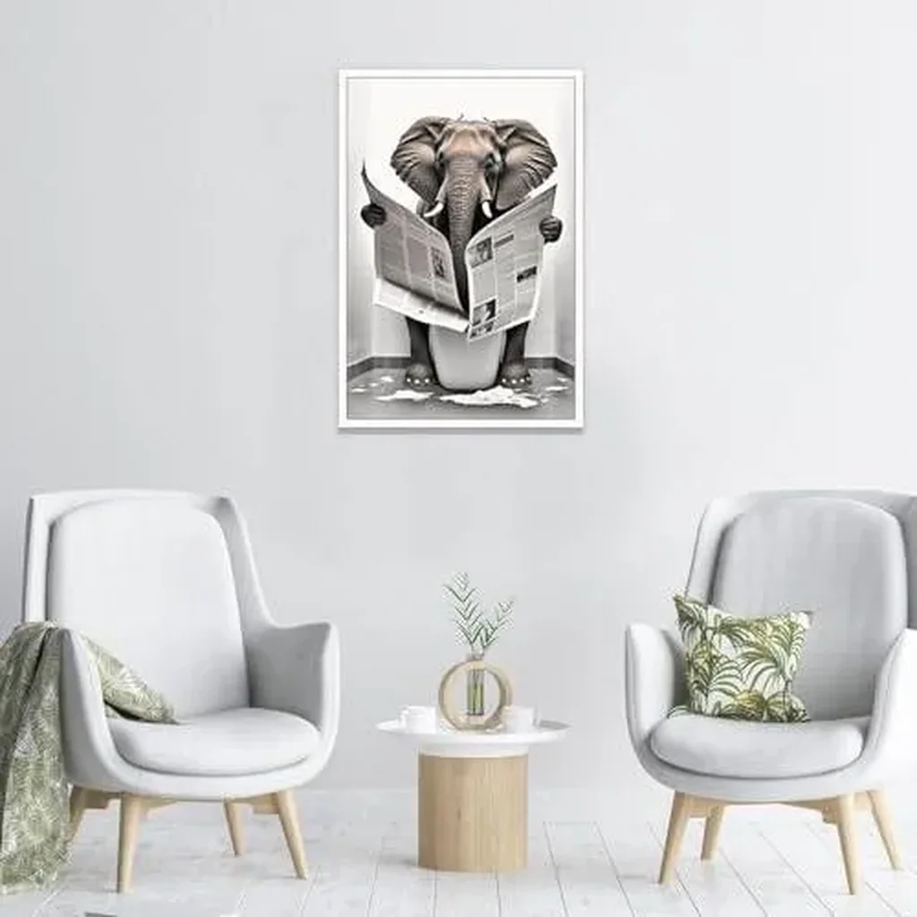 ALAYRA Funny Elephant Bathroom Canvas Wall Art Cute Elephant In Toilet Posters Black and White Animal Prints Painting Maximalist Mid Century Modern Aesthetic Wall Decor for 16x24in Unframed 01 - Image 3